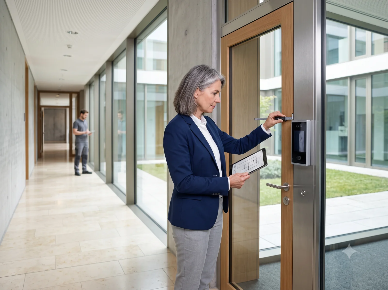 Consultora revisando un control de acceso durante una auditoría.