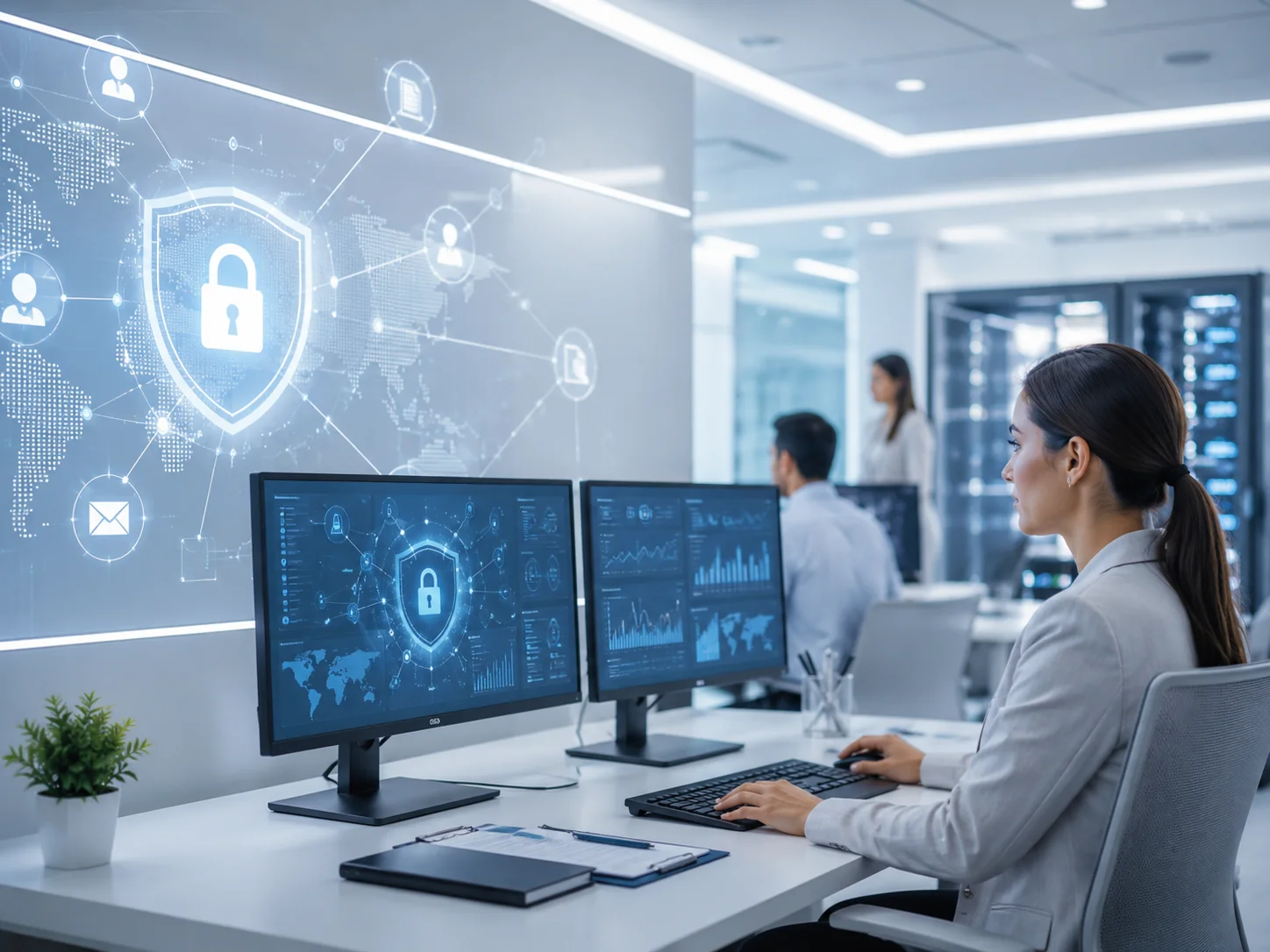 Equipo supervisando seguridad de la información en una sala técnica.