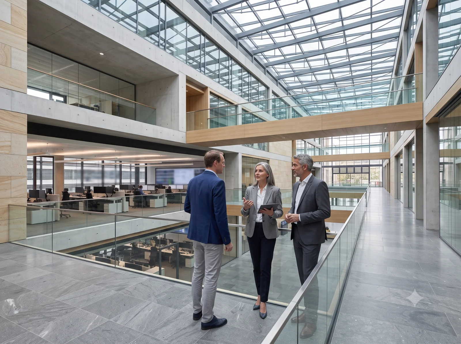 Consultores conversando en un entorno corporativo contemporáneo.