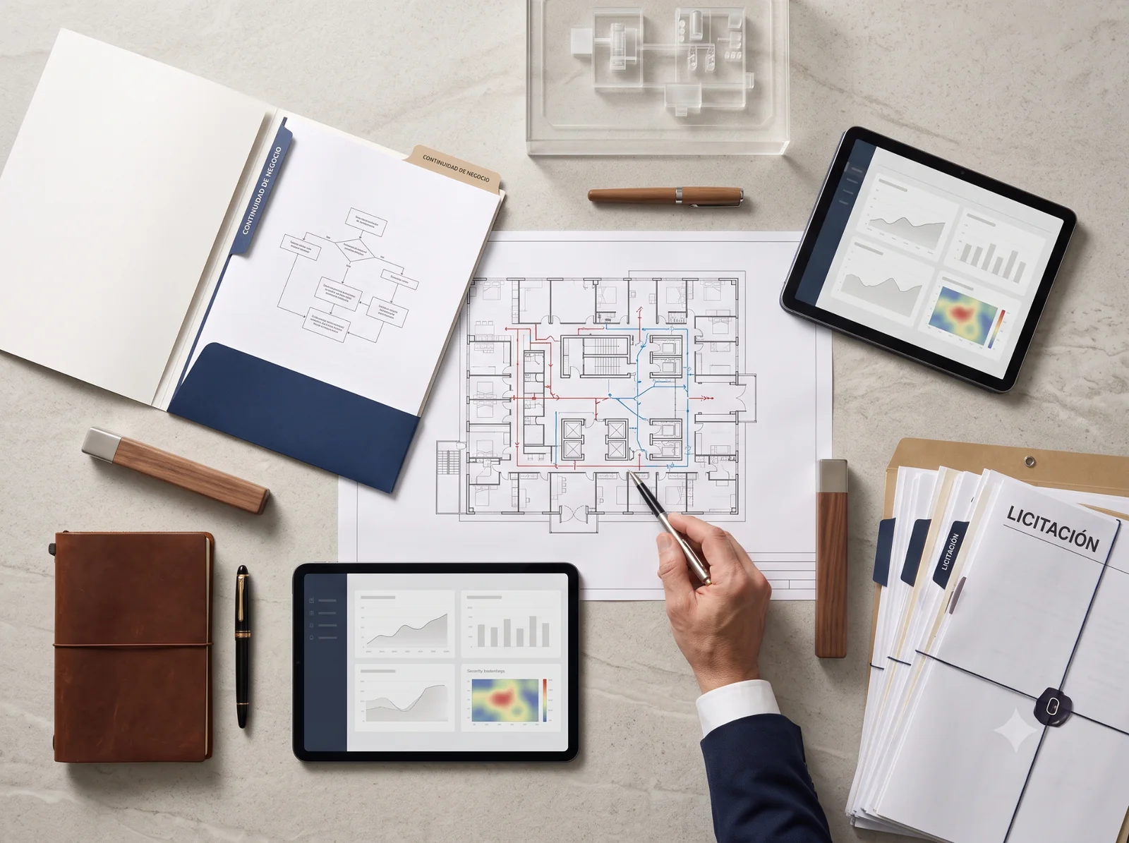 Mesa de trabajo con documentación, planos y análisis de seguridad.